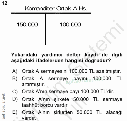 12. soru: Komanditer Ortak A Hs. 150.000 100.000 Yukarıdaki yardımcı defter kaydı ile ilgili aşağıdaki ifadelerden hangisi doğr…