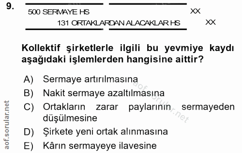 9. soru: 500 SERMAYE HS xx 131 ORTAKLARDAN ALACAKLAR HS xx Kollektif şirketlerle ilgili bu yevmiye kaydı aşağıdaki işlemlerden…