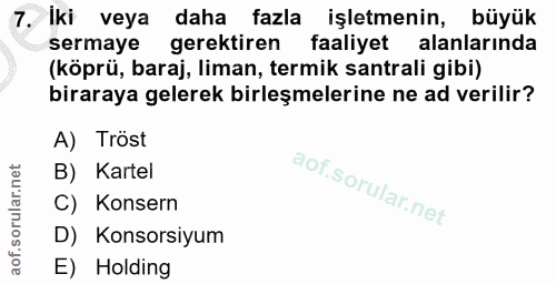7. soru: Iki veya daha fazla işletmenin, büyük sermaye gerektiren faaliyet alanlarında (köprü, baraj, liman, termik santrali g…