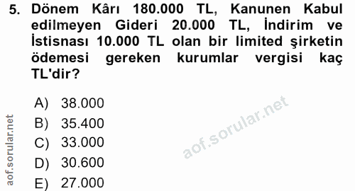 5. soru: Dönem Kârı 180.000 TL, Kanunen Kabul edilmeyen Gideri 20.000 TL, Indirim ve İstisnası 10.000 TL olan bir limited şirk…