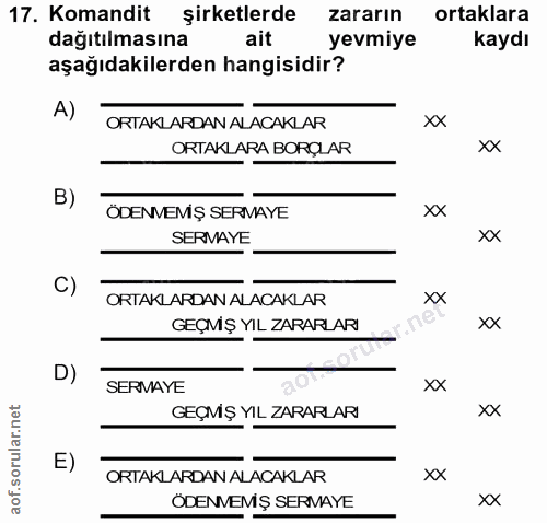 17. soru: Komandit şirketlerde zararın ortaklara dağıtılmasına yevmiye kaydı aşağıdakilerden hangisidir? A) ORTAKLARDAN ALACAKL…