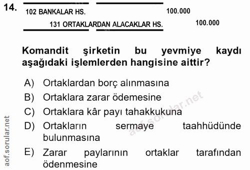 14. soru: 102 BANKALAR HS. 100.000 131 ORTAKLARDAN ALACAKLAR HS. 100.000 Komandit şirketin bu yevmiye kaydı aşağıdaki işlemlerd…