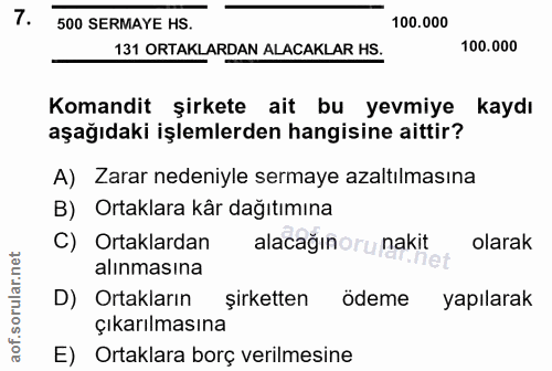 7. soru: 500 SERMAYE HS. 100.000 131 ORTAKLARDAN ALACAKLAR HS. 100.000 Komandit şirkete ait bu yevmiye kaydı aşağıdaki işlemle…