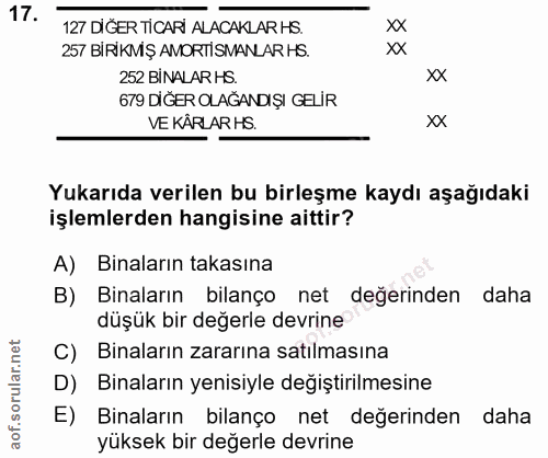 17. soru: 127 DIĞER TICARİ ALACAKLAR HS. xX 257 BİRİKMİŞ AMORTİSMANLAR HS. XX 252 BINALAR HS. 252 BiNAL AR HS. 679 DİĞER OLAĞAN…