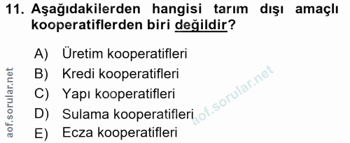 11. soru: Aşağıdakilerden hangisi tarım dışı amaçlı kooperatiflerden biri değildir? A) Üretim kooperatifleri B) Kredi kooperati…