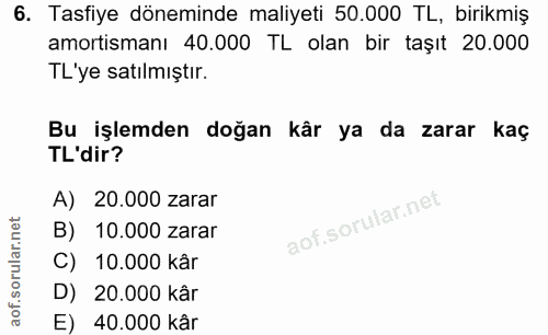 6. soru: Tasfiye döneminde maliyeti 50.000 TL, birikmiş amortismanı 40.000 TL olan bir taşıt 20.000 TL'ye satılmıştır. Bu işle…