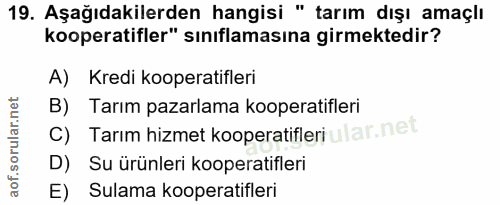 19. soru: Aşağıdakilerden hangisi " tarım dışı amaçlı kooperatifler" sınıflamasına girmektedir? A) Kredi kooperatifleri B) Tarı…