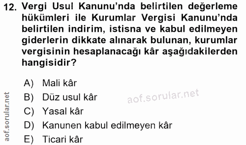 12. soru: Vergi Usul Kanunu'nda belirtilen değerleme hükümleri ile Kurumlar Vergisi Kanunu'nda belirtilen indirim, istisna ve k…