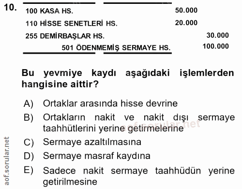 10. soru: 100 KASA HS. 50.000 110 HİSSE SENETLERİ HS. 20.000 255 DEMİRBAŞLAR HS. 30.000 501 ÖDENMEMİŞ SERMAYE HS. 100.000 Bu ye…