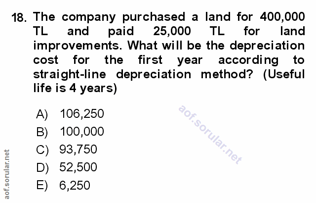 18. soru: The company purchased a land for 400,000 TL and paid 25,000 TL for land improvements. What will be the depreciation c…