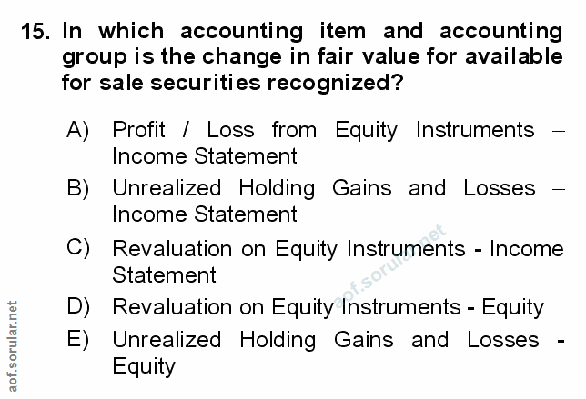 15. soru: In which accounting item and accounting group is the change in fair value for available for sale securities recognize…