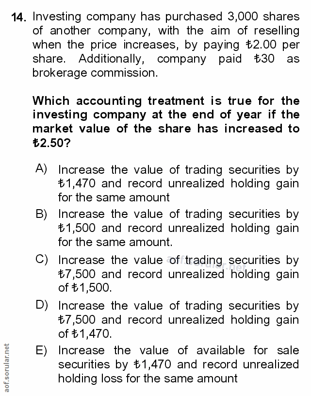 14. soru: Investing company has purchased 3,000 shares of another company, with the aim of reselling when the price increases,…