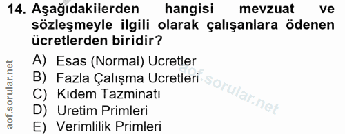 14. soru: Aşağıdakilerden hangisi mevzuat ve sözleşmeyle ilgili olarak çalışanlara ödenen ücretlerden biridir? A) Esas (Normal)…