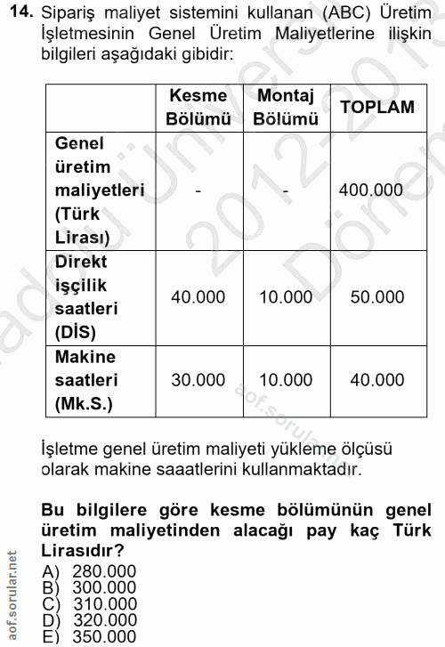 14. soru: Sipariş maliyet sistemini kullanan (ABC) Üretim İşletmesinin Genel Üretim Maliyetlerine ilişkin bilgileri aşağıdaki g…