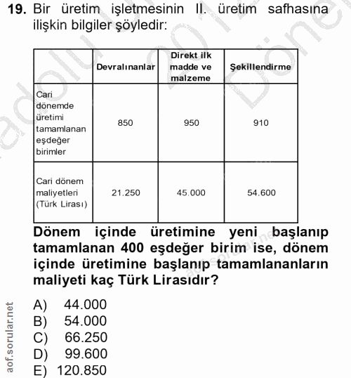 19. soru: Bir üretim işletmesinin II. üretim safhasına ilişkin bilgiler şöyledir: Direkt ilk Devralinanlar madde ve Şekillendir…