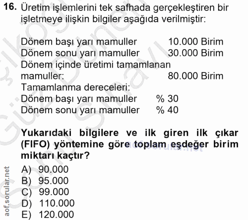 16. soru: Üretim işlemlerini tek safhada gerçekleştiren bir işletmeye ilişkin bilgiler aşağıda verilmiştir: Dönem başı yarı mam…