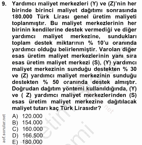 9. soru: Yardımcı maliyet merkezleri (Y) ve (Z)'nin her birinde birinci maliyet dağıtımı sonrasında 180.000 Türk Lirası genel…