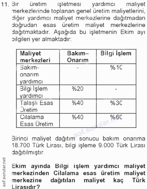 11. soru: Зіг üretim işletmesi yardımcı maliyet merkezlerinde toplanan genel üretim maliyetlerini, diğer yardımcı maliyet merke…