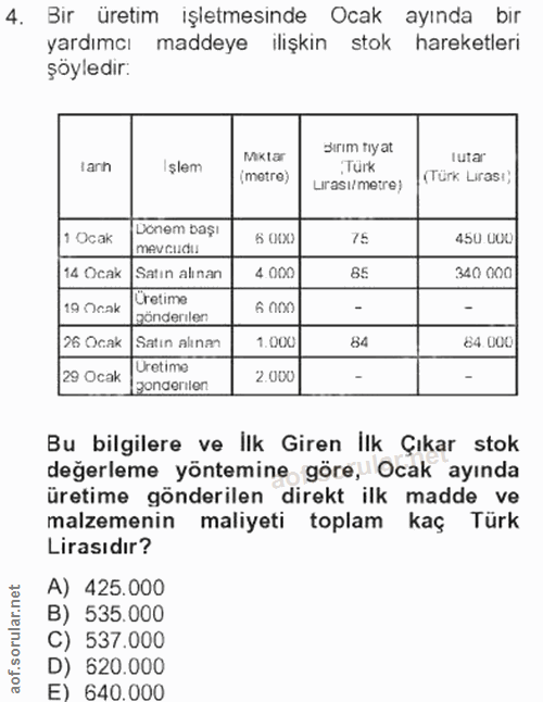 4. soru: Bir üretim işletmesinde Ocak ayında bir yardımcı maddeye ilişkin stok hareketleri şöyledir: Miktar Birim tiy at lutar…