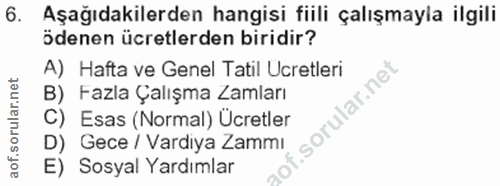 6. soru: Aşağıdakilerden hangisi fiili çalışmayla ilgili ödenen ücretlerden biridir? A) Hafta ve Genel Tatil Ucretleri B) Fazl…