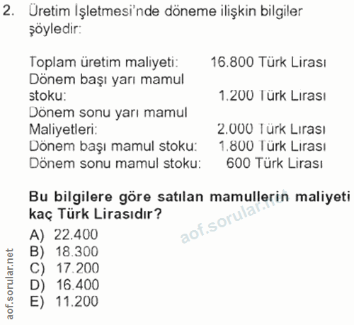 2. soru: Üretim Işletmesi'nde döneme ilişkin bilgiler şöyledir: Toplam üretim maliyeti: 16.800 Türk Lirası Dönem başı yarı mam…