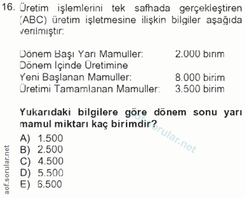 16. soru: Uretim işlemlerini tek safhada gerçekleştiren (ABC) üretim işletmesine ilişkin bilgiler aşağıda verılmıştır: Dönem Ba…