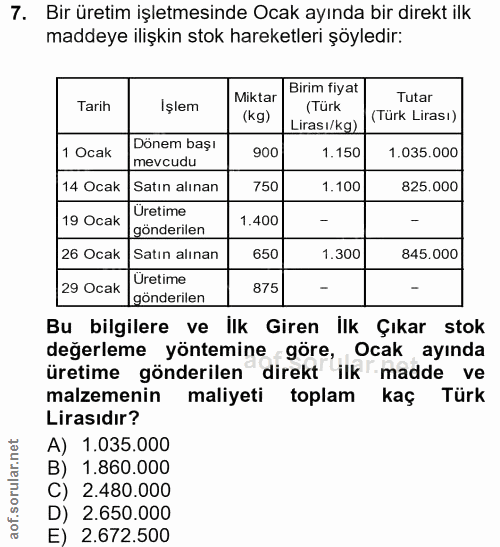 7. soru: Bir üretim işletmesinde Ocak ayında bir direkt ilk maddeye ilişkin stok hareketleri şöyledir: Miktar Birim fiyat Tuta…