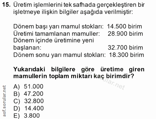 15. soru: Üretim işlemlerini tek safhada gerçekleştiren bir işletmeye ilişkin bilgiler aşağıda verilmiştir: Dönem başı yarı mam…