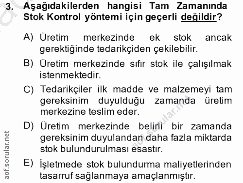 3. soru: Aşağıdakilerden hangisi Tam Zamaninda Stok Kontrol yöntemi için geçerli değildir? A) Üretim merkezinde ek stok ancak…