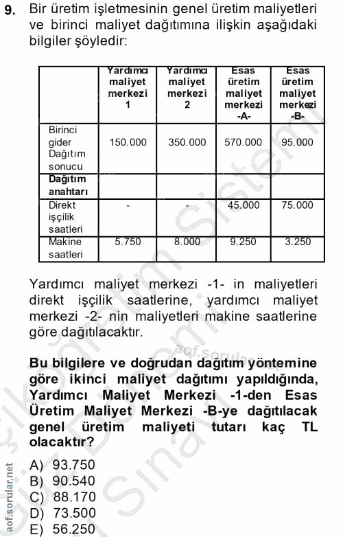 9. soru: Bir üretim işletmesinin genel üretim maliyetleri ve birinci maliyet dağıtımına ilişkin aşağıdaki bilgiler şöyledir: Y…