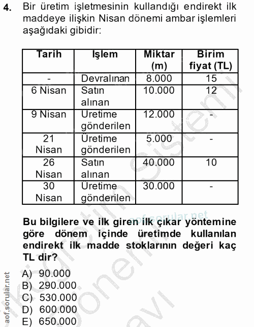 4. soru: Bir üretim işletmesinin kullandığı endirekt ilk maddeye ilişkin Nisan dönemi ambar işlemleri aşağıdaki gibidir: Tarih…