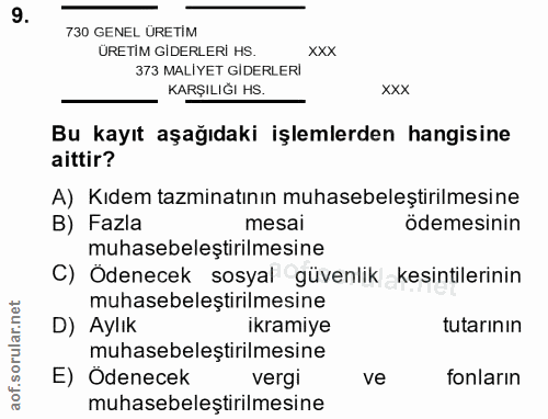 9. soru: 730 GENEL ÜRETİM ÜRETİM GİDERLERİ HS. XXX 373 MALIYET GIDERLERI KARŞILIĞI HS. XXX Bu kayıt aşağıdaki işlemlerden hang…