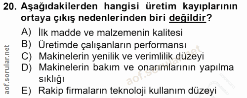 20. soru: Aşağıdakilerden hangisi üretim kayıplarının ortaya çıkış nedenlerinden biri değildir? A) İlk madde ve malzemenin kali…