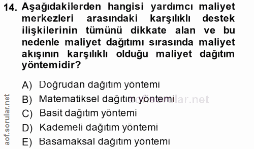 14. soru: Aşağıdakilerden hangisi yardımcı maliyet merkezleri arasındaki karşılıklı destek ilişkilerinin tümünü dikkate alan ve…