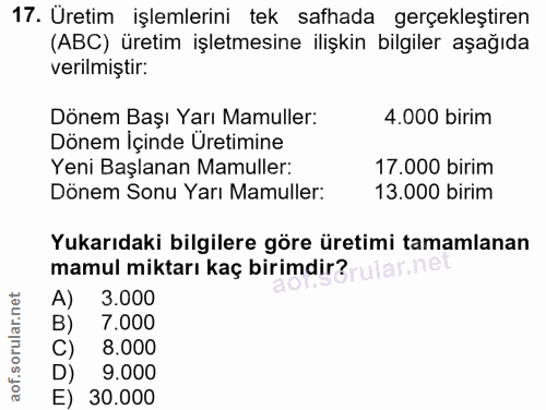 17. soru: Üretim işlemlerini tek safhada gerçekleştiren (ABC) üretim işletmesine ilişkin bilgiler aşağıda verilmiştir: Dönem Ba…