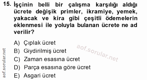15. soru: İşçinin belli bir çalışma karşılığı aldığı ücrete değişik primler, ikramiye, yemek, yakacak ve kira gibi çeşitli ödem…