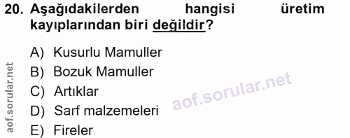 20. soru: Aşağıdakilerden hangisi üretim kayıplarından biri değildir? A) Kusurlu Mamuller B) Bozuk Mamuller C) Artıklar D) Sarf…