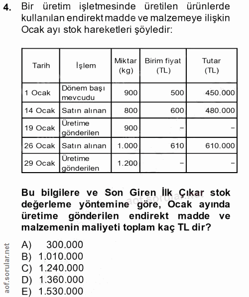 4. soru: Bir üretim işletmesinde üretilen ürünlerde kullanılan endirekt madde ve malzemeye ilişkin Ocak ayı stok hareketleri ş…
