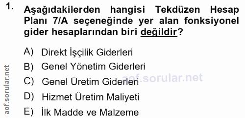 1. soru: Aşağıdakilerden hangisi Tekdüzen Hesap Planı 7IA seçeneğinde yer alan fonksiyonel gider hesaplarından biri değildir?…