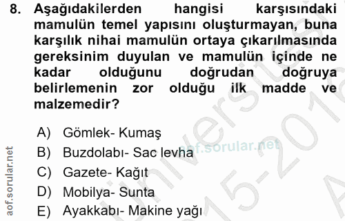 8. soru: Aşağıdakilerden hangisi karşısındaki mamulün temel yapısını oluşturmayan, buna karşılık nihai mamulün ortaya çıkarılm…