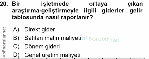 20. soru: Bir işletmede ortaya çıkan araştırma-geliştirmeyle ilgili giderler gelir tablosunda nasıl raporlanır? A) Direkt gider…