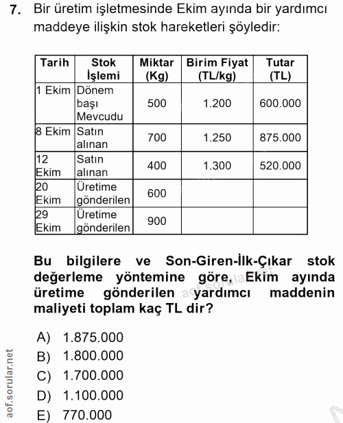 7. soru: Bir üretim işletmesinde Ekim ayında bir yardımcı maddeye ilişkin stok hareketleri şöyledir: Tarih Stok Miktar Birim F…