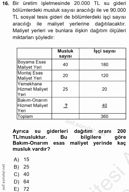16. soru: Bir üretim işletmesinde 20.000 TL su gideri bölümlerdeki musluk sayısı aracılığı ile ve 90.000 TL sosyal tesis gideri…