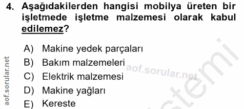 4. soru: Aşağıdakilerden hangisi mobilya üreten bir işletmede işletme malzemesi olarak kabul edilemez? A) Makine yedek parçala…