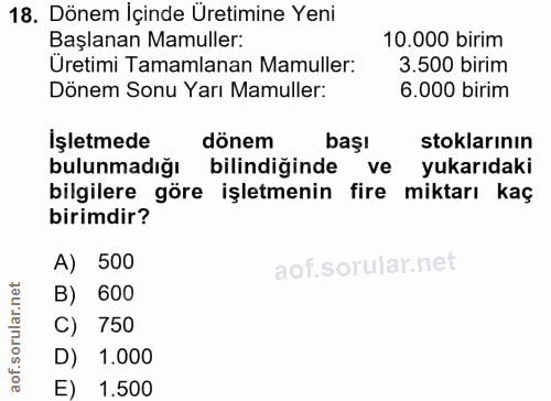 18. soru: Dönem İçinde Üretimine Yeni Başlanan Mamuller: 10.000 birim Üretimi Tamamlanan Mamuller: 3.500 birim Dönem Sonu Yarı…
