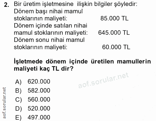 2. soru: Bir üretim işletmesine ilişkin bilgiler şöyledir: Dönem başı nihai mamul stoklarının maliyeti: 85.000 TL Dönem içinde…