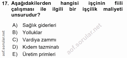 17. soru: Aşağıdakilerden hangisi işçinin fiili çalışması ile ilgili bir işçilik maliyeti unsurudur? A) Sağlık giderleri B) Yol…