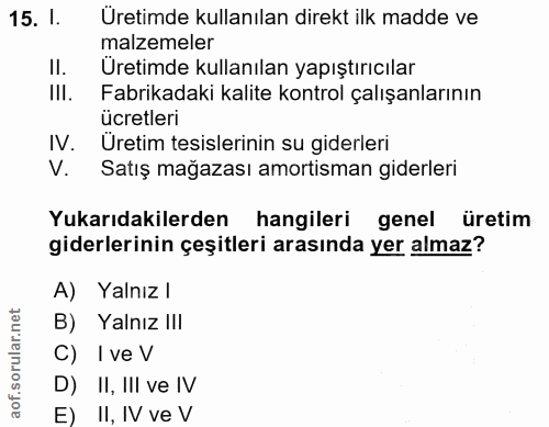 15. soru: 1. Üretimde kullanılan direkt ilk madde ve malzemeler II. Uretimde kullanılan yapıştırıcılar III. Fabrikadaki kalite…