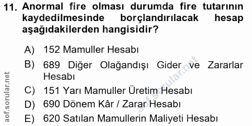 11. soru: Anormal fire olması durumda fire tutarının kaydedilmesinde borçlandırılacak hesap aşağıdakilerden hangisidir? A) 152…