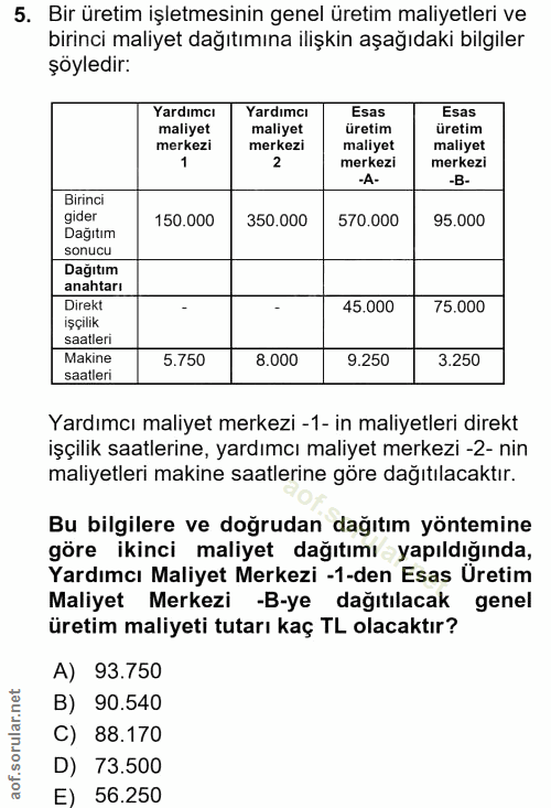 5. soru: Bir üretim işletmesinin genel üretim maliyetleri ve birinci maliyet dağıtımına ilişkin aşağıdaki bilgiler şöyledir: Y…